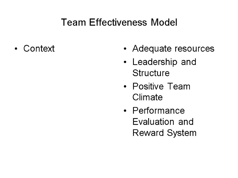 Team Effectiveness Model Context Adequate resources Leadership and Structure Positive Team Climate Performance Evaluation